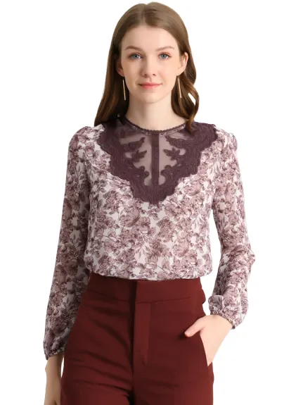 Allegra K - Sheer Lace Panel Long Sleeve Floral Blouse