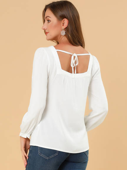 Allegra K - Tie Back Puff Sleeve Square Neck Button Blouse