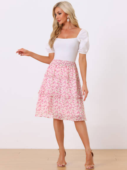 Allegra K- Smocked Waist Ruffle Tiered Floral Skirt