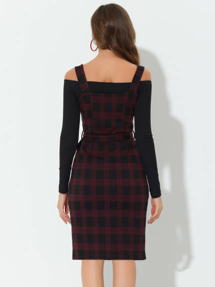 Allegra K- Plaid Button Front Tie Waist Pinafore Overall Pencil Dress