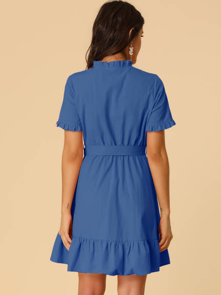 Allegra K- Cotton Fit and Flare Belted Button Front Ruffled Dress