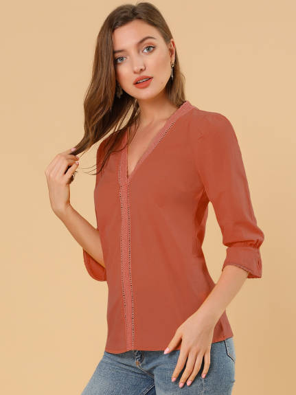 Allegra K - Lace Eyelet V Neck 3/4 Sleeve Casual Top