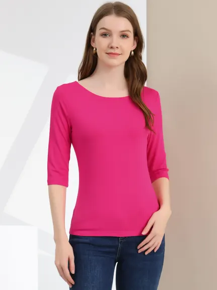 Allegra K- Elbow Sleeves Round Neck Slim Fit Tee