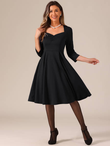 Allegra K- 3/4 Sleeve Sweetheart Neck Pleated Midi Dress