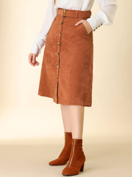 Allegra K - Button Front A-Line Belted Corduroy Skirt