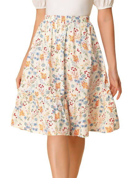 Allegra K- Ruffle Hem Tiered A-Line Floral Midi Skirt