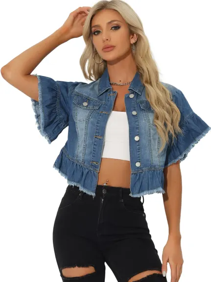 Allegra K- Veste en jean à manches courtes et volants