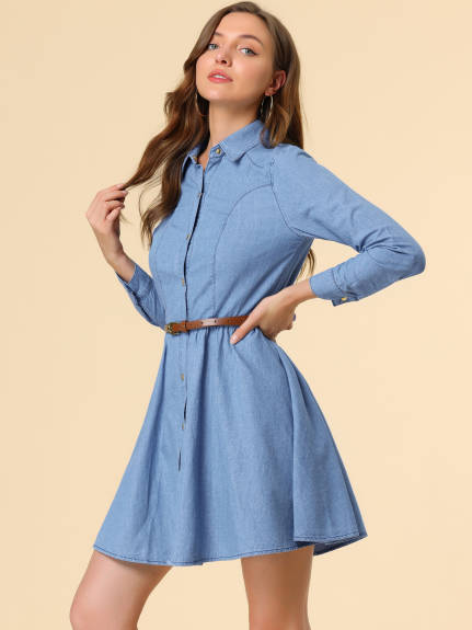 Allegra K- Long Sleeve Above Knee Denim Shirt Dress with Belt