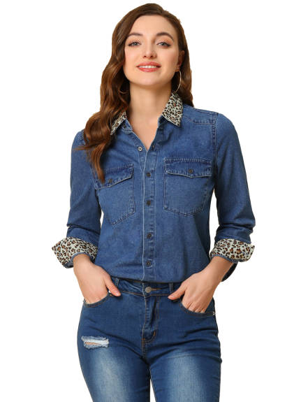 Allegra K- Button Up Long Sleeve Leopard Denim Shirt