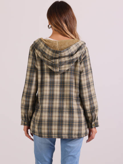 Allegra K - Plaid Fleece Hooded Shacket Jacket