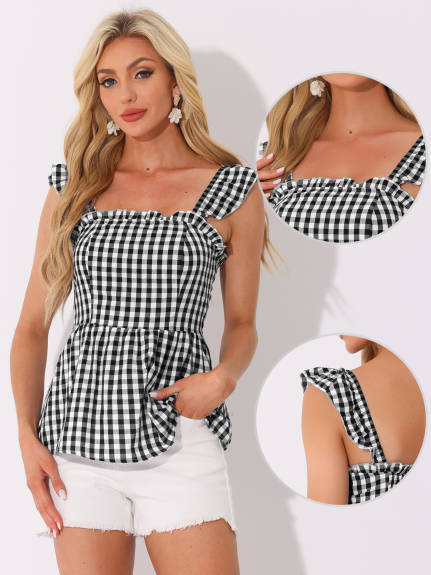 Allegra K- Gingham Peplum Square Neck Blouse