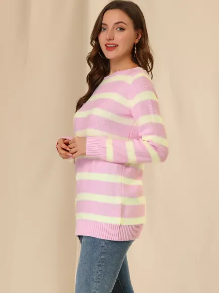 Allegra K- Round Neck Drop Shoulder Loose Striped Tunic Sweater