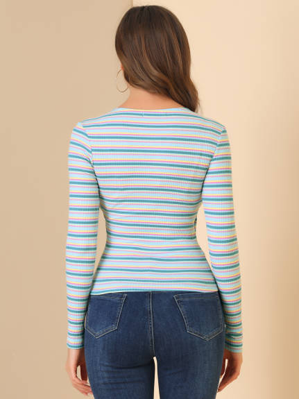 Allegra K- Stripe Rainbow Color Slim Long Sleeve Knit T-Shirt