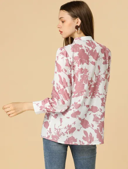 Allegra K- Bow Tie Long Sleeve Contrast Color Floral Blouse