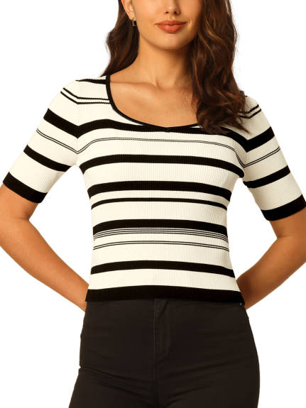 Hobemty- Short Sleeve Striped Knit Top Black Cream Stripe