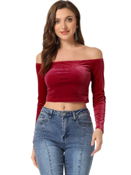 Allegra K- Velvet Off Shoulder Long Sleeve Crop Blouse