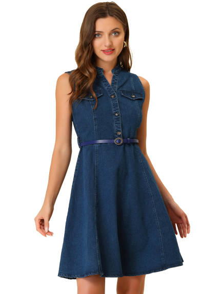 Allegra K- Denim Sleeveless Belted Flare Shirt Dress