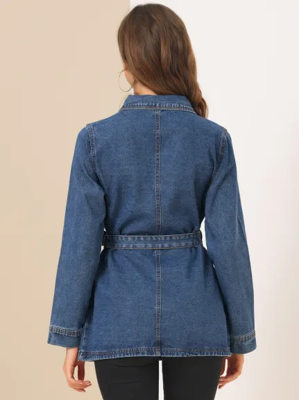 Allegra K- Veste en jean à manches raglan et ceinture à nouer à la taille