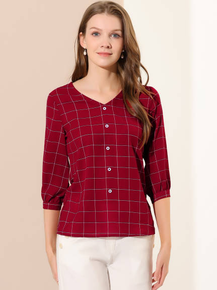 Allegra K- Half Sleeve Plaid Button Cuff V Neck Blouse