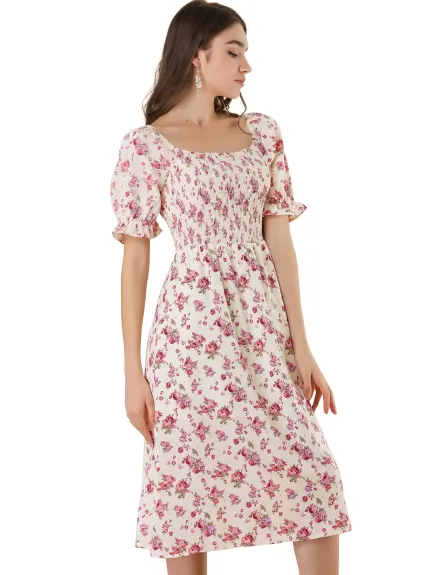 Allegra K- robe florale à col carré manches bouffantes Casual Midi Smocked