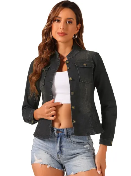 Allegra K- veste Jean Denim col debout pour femme