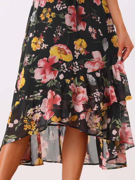 Allegra K - Robe florale sans manches à col en V et ourlet à volants