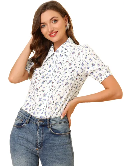 Allegra K - Point Collar Button Down Floral Cotton Shirt