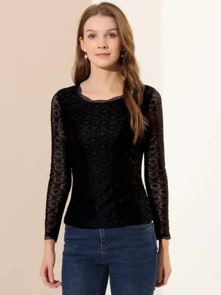 Allegra K- Round Neck Long Sleeve Embroidery Lace Blouse