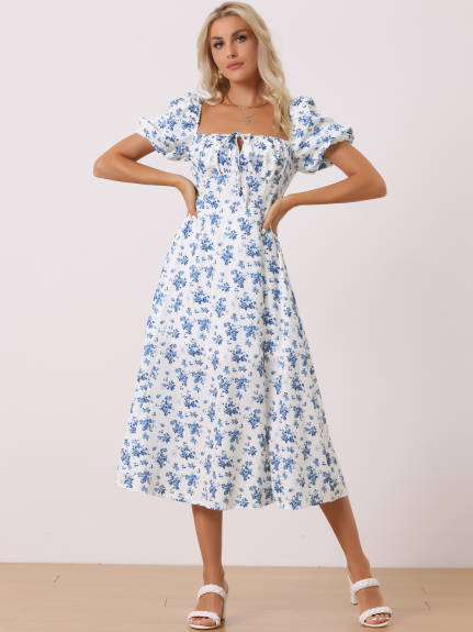 Allegra K - Floral Tie Neck Split Puff Sleeve Maxi Dress