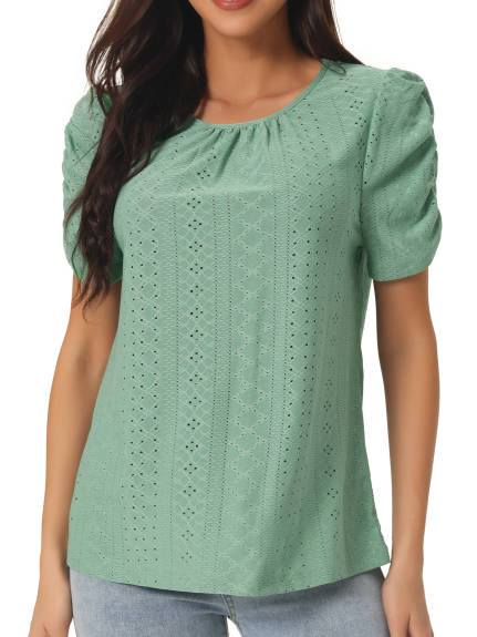 Allegra K- Eyelet Ruched Crewneck Solid Tops