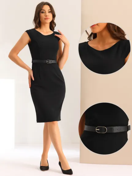 Allegra K - Cap Sleeve Work Belted Sheath Dress