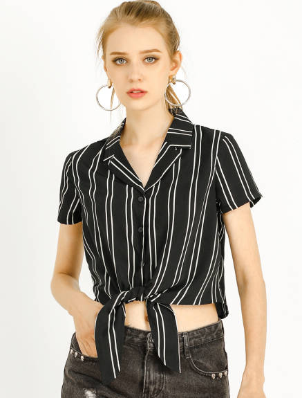 Allegra K- Striped Short Sleeve Tie Front Crop Shirt