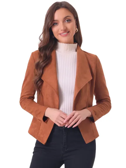 Allegra K- Cardigan veste drapée à revers ouvert en faux suède