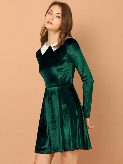 Allegra K- Velvet Long Sleeve Peter Pan Collar Flare Dress