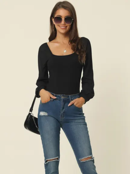 Allegra K- Square Neck Sheer Shoulder Bodysuit Blouse