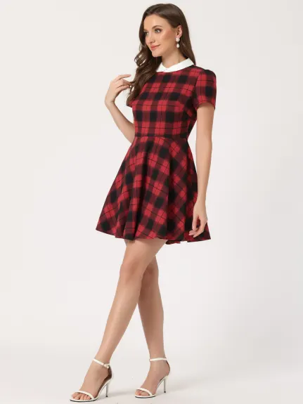 Allegra K- Peter Pan Collar Puff Sleeves Above Knee Plaid Grid Dress