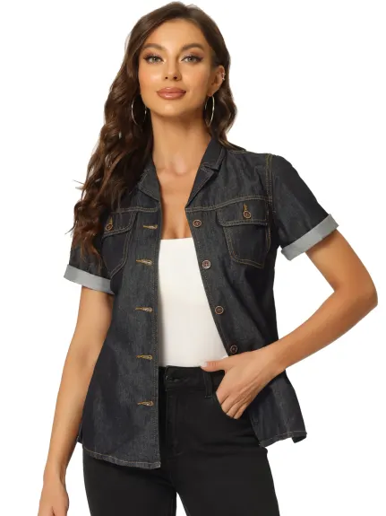 Allegra K- chemise en Jean col cranté boutonné