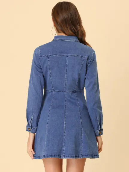 Allegra K- Robe chemise en jean à manches retroussées et col en V