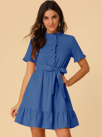 Allegra K- Cotton Fit and Flare Belted Button Front Ruffled Dress