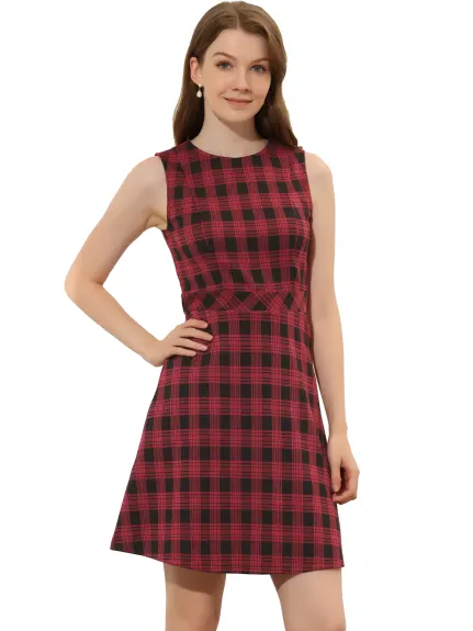 Allegra K- Sleeveless Plaid Houndstooth Flare Dress