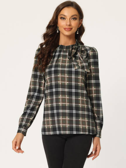 Allegra K- Bow-Tie Neck Blouse Checks Shirt