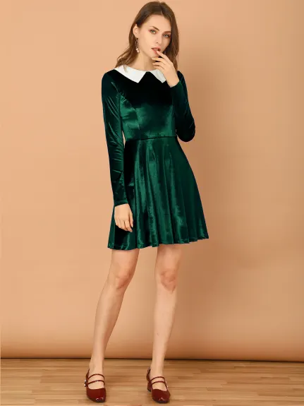 Allegra K- Velvet Long Sleeve Peter Pan Collar Flare Dress
