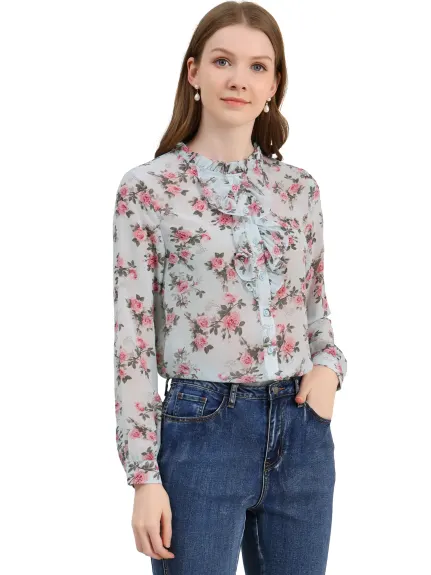 Allegra K- Floral Long Sleeve Button Down Chiffon Shirt