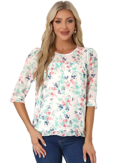 Allegra K- Blouse florale en mousseline à manches 3/4 et à volants