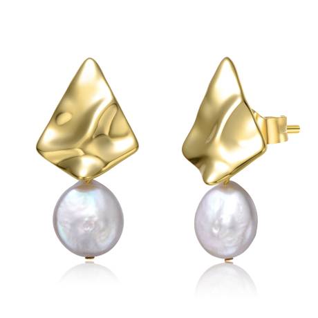 Genevive Boucles d'oreilles pendantes doubles en argent sterling plaqué or jaune 14 carats avec perle blanche et goutte géométrique ondulée 3D