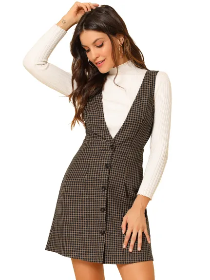 Allegra K- Overalls V-Neck Plaid Houndstooth Pinafore Dress