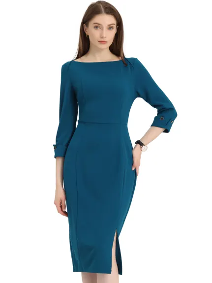 Allegra K- Boat Neck 3/4 Sleeves Midi Split Sheath Dress