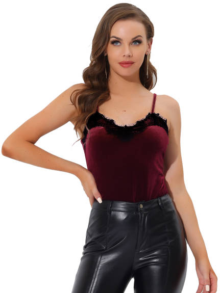 Allegra K- Velvet Camisole Lace Velour Spaghetti Strap Cami Top