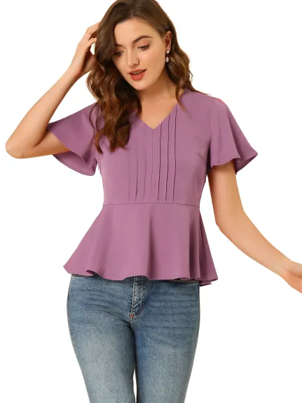 Allegra K - Chiffon V-Neck Pleated Peplum Top