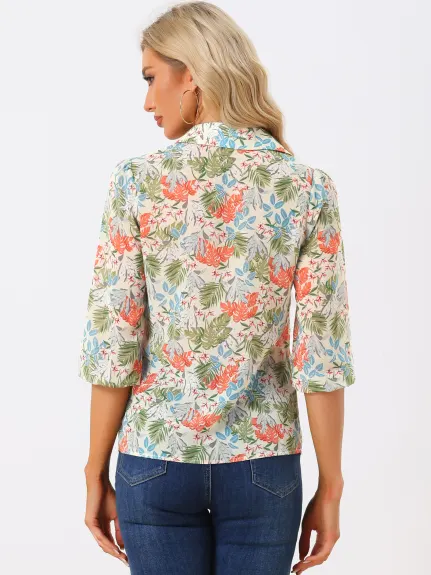 Allegra K- Collared 3/4 Sleeves Leaves Print Top